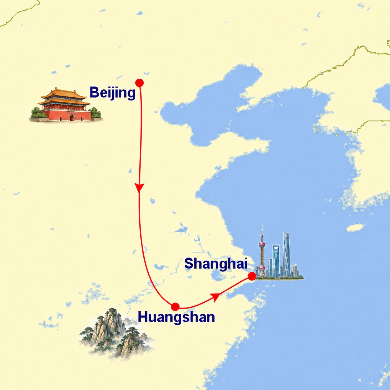 Route kaartje China — Beijing, Huangshan, Shanghai